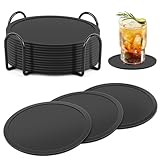 Pesutei 12 Stück Untersetzer Gläser, 10CM Silikon Untersetzer, Schwarz Untersetzer Silikon mit Edelstahlständer, rutschfest und Isoliert Untersetzer für Getränke, Kaffee, Weingläser