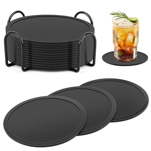 Pesutei 12 Stück Untersetzer Gläser, 10CM Silikon Untersetzer, Schwarz Untersetzer Silikon mit Edelstahlständer, rutschfest und Isoliert Untersetzer für Getränke, Kaffee, Weingläser