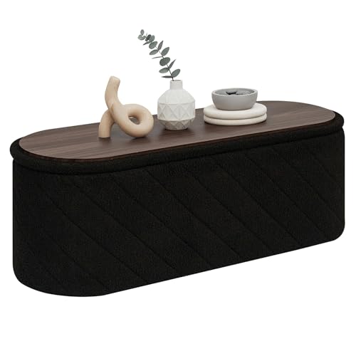 PINPLUS Panca Contenitore con Coperchio Imbottito, Ovale e Pieghevole, in Tessuto Boucle, come Poggiapiedi per Soggiorno e Camera, 110x38x38 cm, Nero