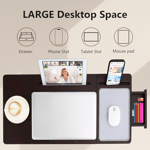 nnewvante laptop bed desk bamboo lap table with tablet slot height amp angle adjustable computer lap desk with drawer breakfast serving tray for bed floor black walnut