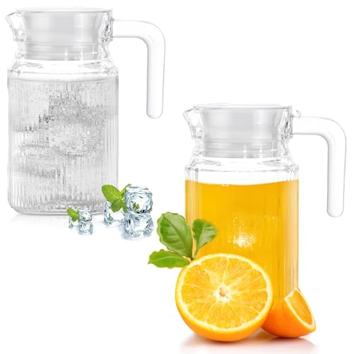 Lot de 2 pichets à eau en verre de 500 ml pour réfrigérateur, carafes à eau de 0,5 l avec couvercle et poignée – Idéal pour les boissons chaudes et froides telles que l'eau, le thé glacé, le café, le