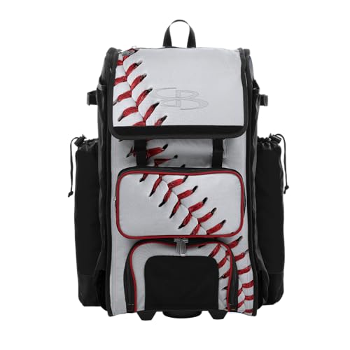 Boombah Catchers Superpack Hybrid Rolling Bat Bag - Wheeled & Backpack Version - Baseball Homerun White/Black/Red