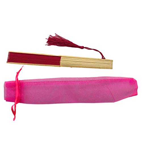 Image of Fabric Handheld Folding Hand Fan With a Tassel Grade A Bamboo Ribs for Women Girls Summer Party Event Favor Birthday Wedding Souvenir Gift (Deep Pink)