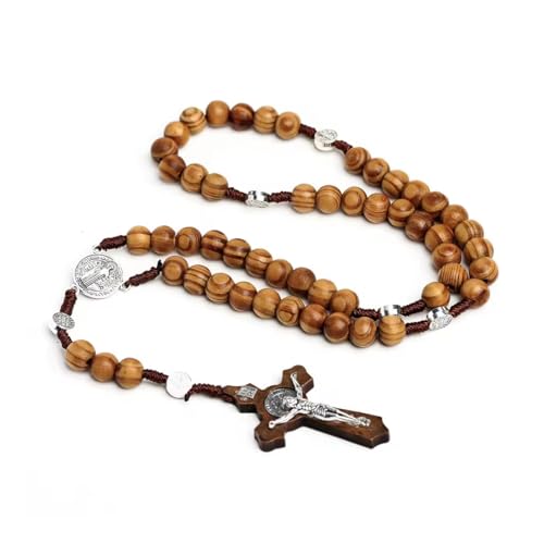 EOYVAIL Cruces y crucifijos de pared,Collar rosario de madera de olivo, rosario cruzado hecho a mano, collar de cuentas cruzadas, cruz católica, con cruz de Jesús (color café)