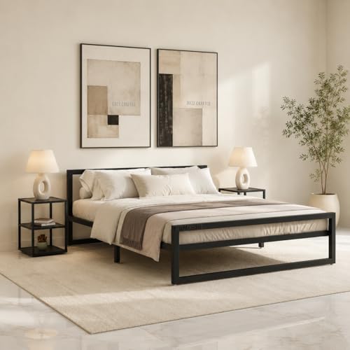Image of Bed Queen Size Metal Frame | Heavy Duty Steel Platform Double Cot | Steel Floor Frame with Queen Slats |Metal Iron Bed| Noise Free & No Box Spring Needed | Home, Hotel, Hostel & Guest Room | Black