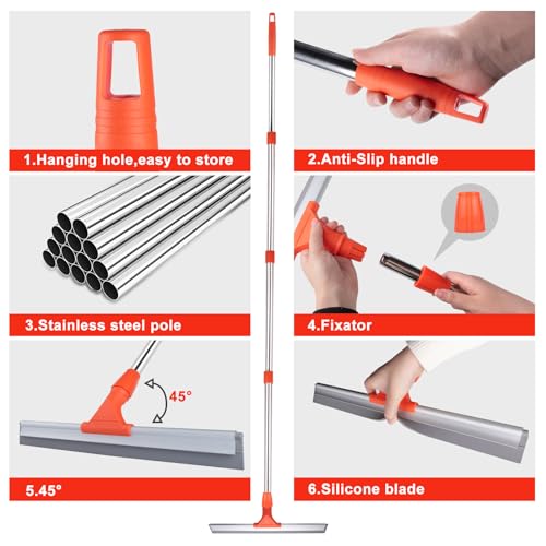 Image of ITTAR Floor Squeegee with 60 inch Stainless Steel Handle, 17.2 inch Silicone Blade Floor Scrubber for Bathroom, Shower, Garage, Tile, Window and Water Removal