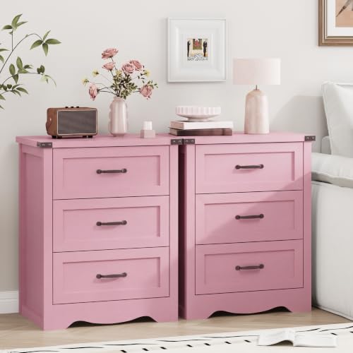 Image of Xixini Tall Nightstand with 3 Drawers, 24 inch Wide Farmhouse Side Table, Pink