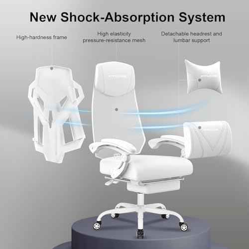 GTPLAYER Gaming Chair, Computer Chair with Mesh Back, Ergonomic Game Chair with Footrest, Reclining Game Chair with Adjustable Headrest and Lumbar Support for Gaming and Office (White) - Image 5