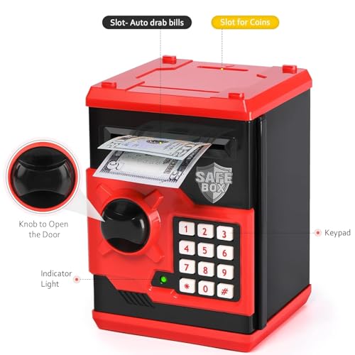 Image of New Electric Digital ATM Money Safe Box Coin Saving Piggy Bank with Password Code Combination Lock for Kids and Adults - Black and Red Coin Bank (Black)