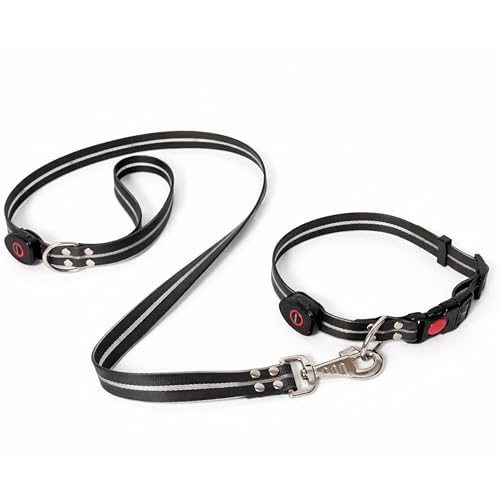 LED Dog Collar and Leash Set (Black) – Bright Multi-Color – Fully Weatherproof – Adjustable, one Size fits Most (14″ to 22 ½”) – Both Collar and Leash are USB Rechargeable – Available in Four Colors
