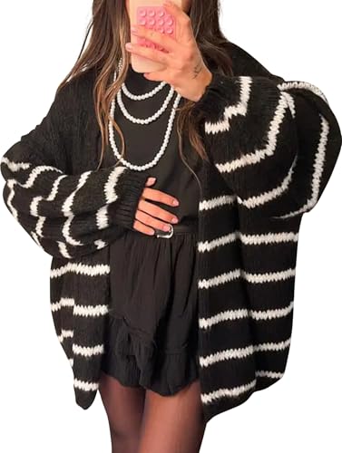 Kissonic Women's Striped Cardigan Sweaters Open Front Long Sleeve Chunky Knit Oversized Fall Sweater Coat