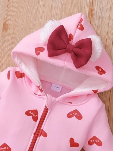 Image of BRANDONN Kids Baby Cotton Fleece Jumpsuit Romper Onesie Sleep Suit Hooded Semi Winter Zipper (Pink & Red, 6-9 Months)
