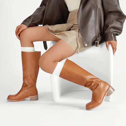 Hodeery Women's Knee High Boots Square Toe Tall Boots Wide Calf for Women Platform Chunky Block Heel Comfortable Brown 9 — view 5