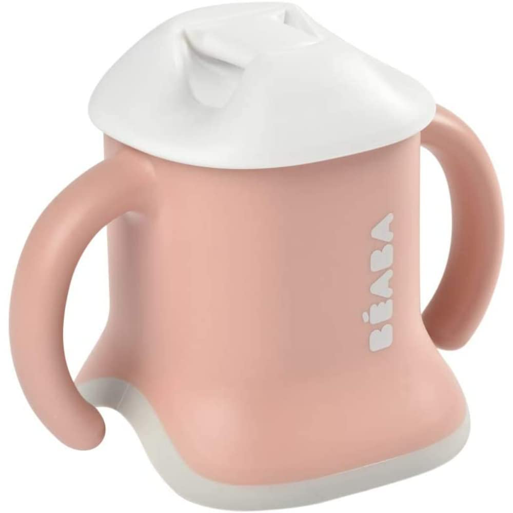BÉABA Tasse d'Apprentissage Bébé, Fonction Biberon/Gourde/ Tasse, Anti-fuite, Facilite la prise en main, ergonomique, Paille, Évoluclip 3 en 1, Capuchon, Old Pink