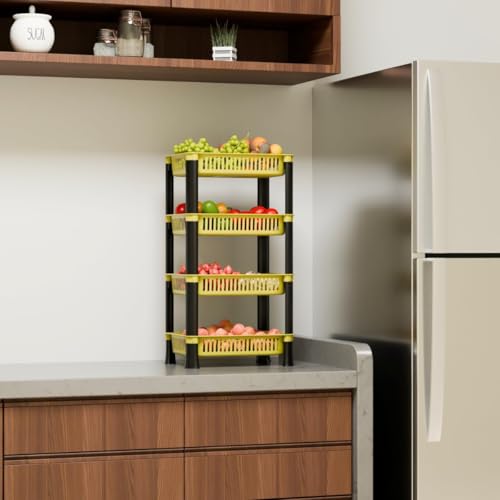 Image of Multipurpose Plastic Storage Rack for Kitchen | Foldable Vegetable & Fruit Organizer Stand for Onion, Potato, Sabji | Countertop Multi-Layer Basket Rack for Home, (Yellow, 4 layer)
