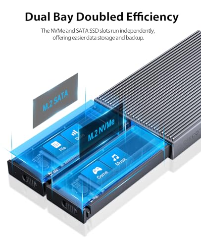 Image of ORICO Dual M.2 NVMe SATA SSD Enclosure, USB C to M.2 Adapter for PCIe & SATA 2230 /2242 /2260 /2280 SSDs, Tool-Free Installation Aluminum Reader, Support Trim and UASP up to 2x4TB-BM2-2SN