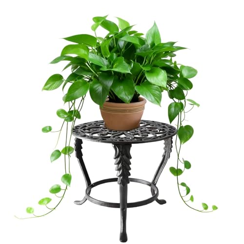 Notakia Soporte para plantas de interior y exterior, mesa de hierro fundido resistente para patio y jardín, estante de metal decorativo vintage alto, soporte para macetas de hierro forjado para el