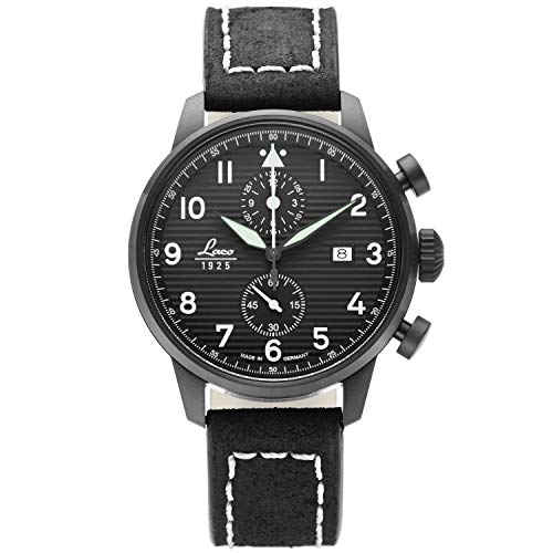 Preisvergleich Produktbild LACO Sondermodell Lausanne Herren Armbanduhr, Fliegeruhr, schwarzes Lederband, Mineralglas, Ø 42 mm, Quarz, inkl. Etui - 861975