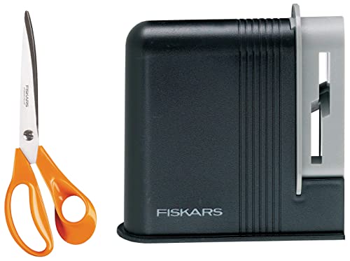 Fiskars Profi-Stoffschere, 25 cm, Für Rechtshänder, Rostfreie Stahl-Klinge/Kunststoff-Griffe, Orange & Scherenschärfer, Für Rechtshänderscheren, Keramik-Schleifköpfe/Kunststoff-Gehäuse, Schwarz/Grau