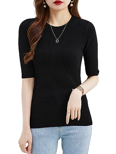 Women Summer Fall 100% Merino Wool Half Sleeve Crewneck Knit Pullovers Soft Sweater