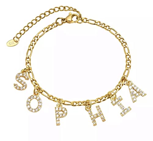 Bracelet chaine gourmette personnalisé prénom lettre initiale strass - en acier inoxydable or ou argent - réglable