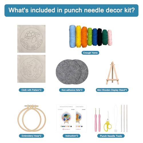 Image of Punch Needle Kit for Beginner, 2-Pack Turtle & Sea Horse Punch Embroidery Starter Set with Instructions - Yarn Needle Punch Craft for Xmas Gift Idea & Home Wall Decor