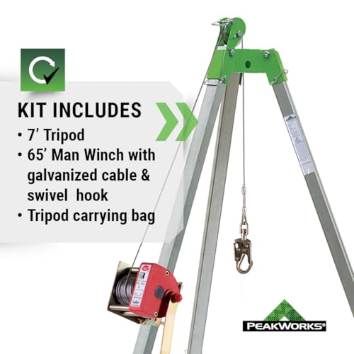 Image of Peakworks Confined Space Kit - For Safe Access & Rescue - Includes Tripod, Man Winch & Bag - OSHA & ANSI Compliant Fall Protection - 65 ft Cable