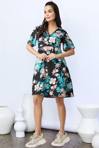 Image of POPWI1NGS Casual Printed V-Neck Short Sleeves Knee-Length Fit and Flare Dress for Women || Frokc-Style Summer Wear Dresses for Women || Loose-Fit Comfortable Women Dress for Regular Wear