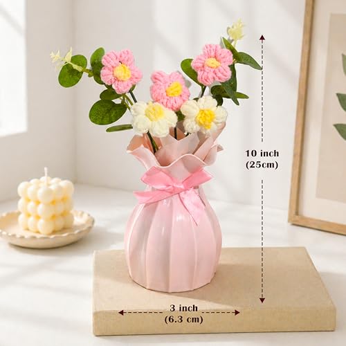 Image of Art Street Handmade Crochet Flower Vase | Pink & White Knitted Artificial Flowers with Green Leaves | Decorative Pink Vase with Ribbon for Home Decor, Birthday, Anniversary