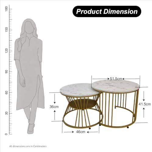 Image of Amazon Brand - Solimo Nature Haven Round Nesting Coffee Table Set of 2 | Marble Veneer Top with Metal Frame | Golden White | L 51.5 x W 51.5 x H 41.5 cm and L 46 x W 46 x H 36 cm