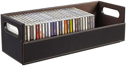 Stock Your Home CD Storage Box, Organizer Shelf for Movie Cases, DVDs, Cassette Tape Display Stand, Disc Holder Can Store Up to 40 CDs, Faux Leather (Brown)