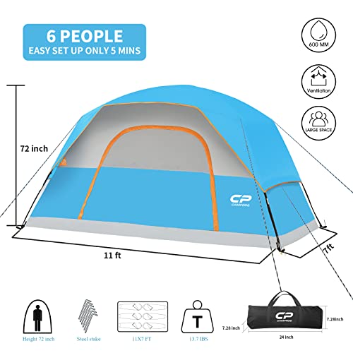 Campros Cp Tent 6 Person Camping Tents, Waterproof Windproof Family Dome Tent With Top Rainfly, Large Mesh Windows, Double Layer, Easy Set Up, Portable With Carry Bag - Sky Blue #TOP1