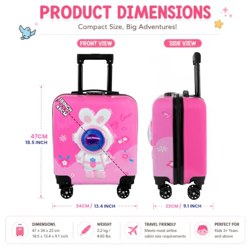 Image of Storite 18In Kids Luggage Trolley Hard Shell Cabin Suitcase | Cartoon Rabbit Astronaut Design Suitcase Ideal For School Trips Vacations Holidays And Weekend Travel(Pink-35 x 23 x 38 Cm)