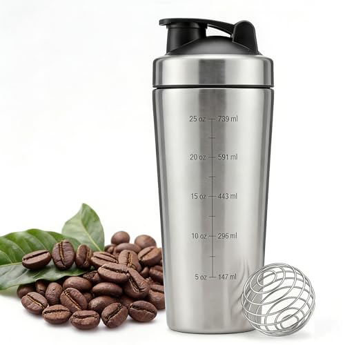Stainless Steel Protein Shaker Bottle 750ml - Leak Proof Gym Shaker with Mixball Metal Supplement Mixer Dual Scale Markings Wide Mouth Fitness Water Bottle for Workout Outdoor Sports & Gifts
