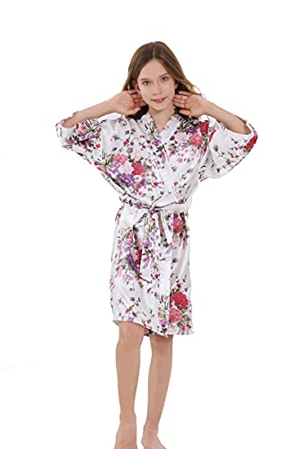 Girl's Kid's Silky Satin Floral Short Kimono Robe for Wedding Birthday Party Spa