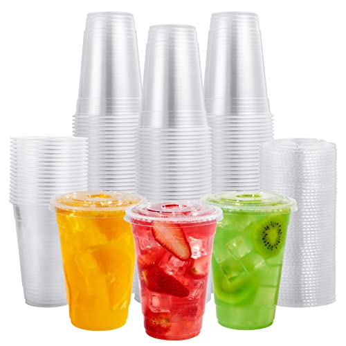 FOCUSLINE 200 PACK 16oz Clear Plastic Cups with Lids, Disposable Cold Drinking Cups, 16 Ounce Large Clear Cup with Flat Lids with Holes for Smoothie, Milkshake, Bubble Tea, Parfait