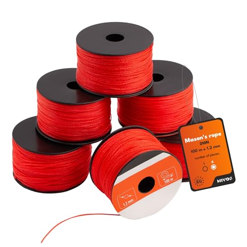 MIVOS Corde de maçon 100m, épaisseur 1,2mm - Paquet de 6 Cordeau d'alignement en rouge - Cordeau de construction - Cordeau de plomb - Cordeau de pavage durable et résistant à la déchirure - 210N