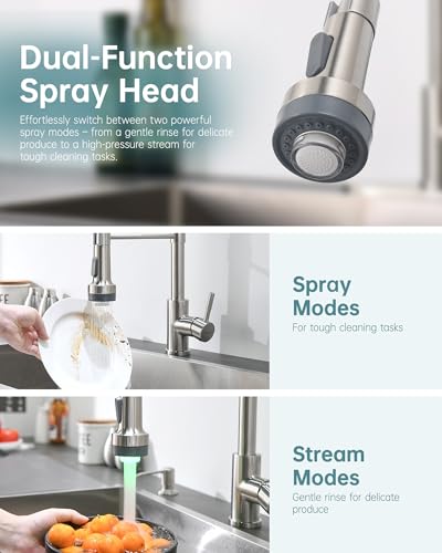 Image of GIMILI LED Kitchen Faucet with Soap Dispenser, Modern Single Handle Spring Kitchen Sink Faucets with Pull Down Sprayer