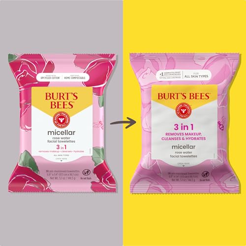 Burts Bees Micellar Rose Water Facial Towelettes, 100% Plant Based Cloth; 99% Natural Origin; Remove Makeup, Cleanse, Hydrate; No Greasy, Oily