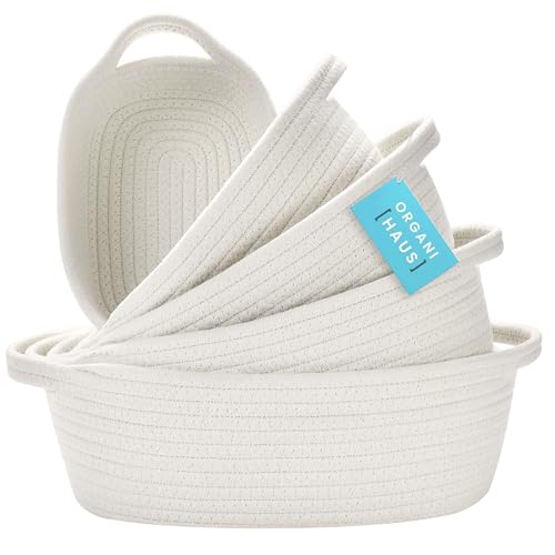 Image of OrganiHaus Set of 5 White Rectangle Storage Baskets for Organizing, Small Woven Baskets for Storage Baskets for Bathroom, Nursery Storage Basket for Baby Nursery Organization, Small Organizer Bins
