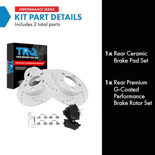 Image of TRQ Performance Rear Brake Pad and Rotor Set Ceramic Coated Drilled Slotted Solid Rotors Compatible with 2000-2006 Audi TT 1999-2008 Volkswagen Beetle 1999-2006 Golf 1999-2005 Jetta