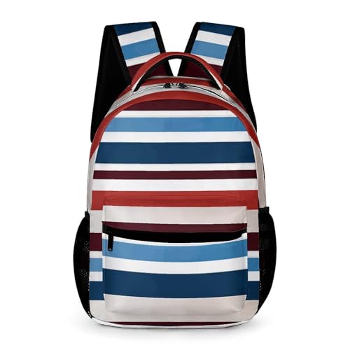 Red Blue White Gray Stripes Backpack for Travel, Ultra Durable Small Bookbag Lightweight Daypack for Women Men