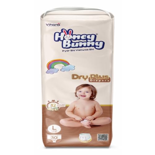 Image of Honey Bunny Baby Diaper Pants | Dry Plus Protection with 360 Soft Elastic Waistband | Upto 12 Hours Protection | Bubble Sheet Technology for Advanced Absorption | Large (9 to 14 kg), 30 Pants