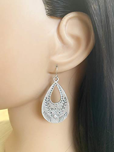 Antique Silver Floral Stamp Teardrop on Sterling Silver Earrings Boho Women Handmade Sundance Dreams Designs2
