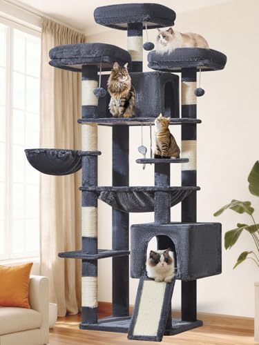 Taoqimiao 76-Inch Cat Tree XXL for Large Cats, Giant Cat Tower with Scratching Board, Extra-Large Metal Hammock, 3 Perches, 7 Sisal Posts, 2 Big Condos, Hanging Basket, Smoky Gray, MS047G