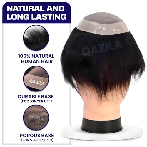 Image of Qazila Monofilament Hair Patch for Men | 100% Natural Human Hair | Freestyle | Durable Base for Longer Life upto 8-12 Months | Easy to Clean, Self-Service & Install | Natural Black | 8x6 inches