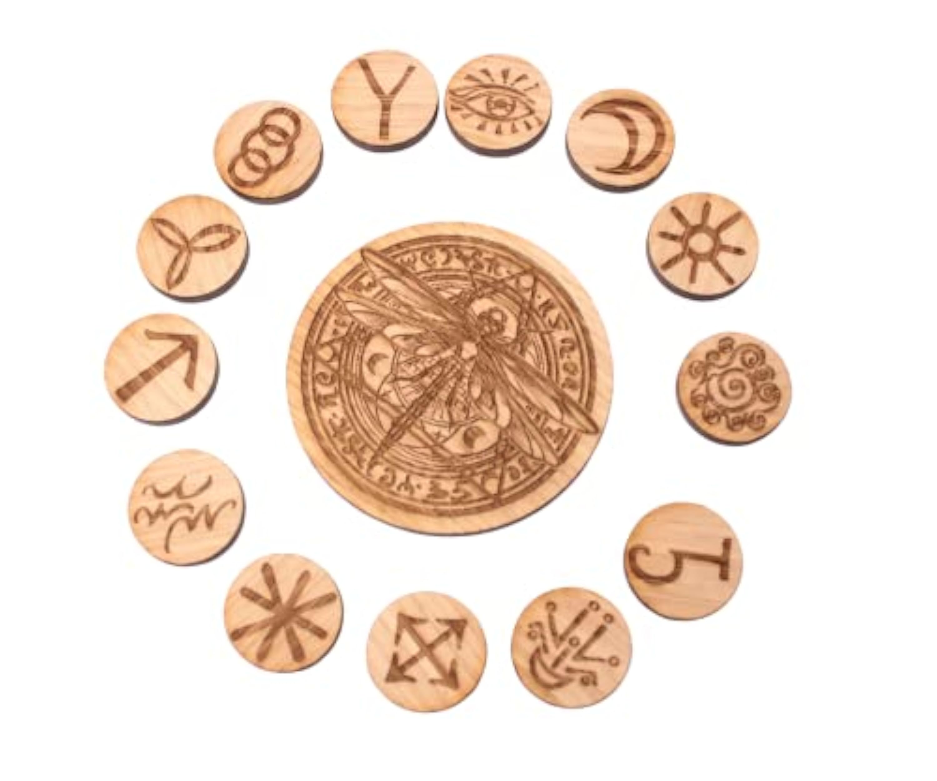 13 Runas de Brujas Con Libélula Mágica de Madera de Roble