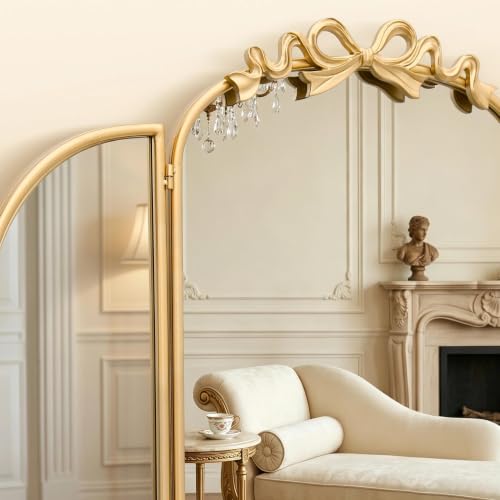 Image of Besdomus Bow 3 Way Vanity Mirror: 36 inchx24 inch Gold Large Vintage Trifold Mirror | French Antique Metal Framed - Large Three Sided Dresser Mirors for Bedroom /Dressing Room /Cloakroom - Home Decor for Housewife