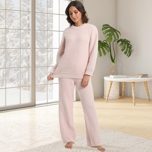 Image of BOSECETA 2 Piece Fleece Pajamas for Women Set Loungewear Outfits Knit Sweater Womens Long Sleeve Fuzzy Pajama Sets