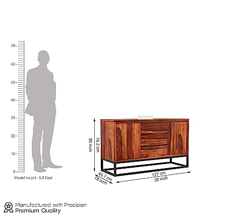 Image of Solid Sheesham Wood Wooden Sideboard Storage Cabinet : Ideal for Living Room and Bedroom with 3 Drawers and 2-Shelf Storage (Ray, Honey Finish)